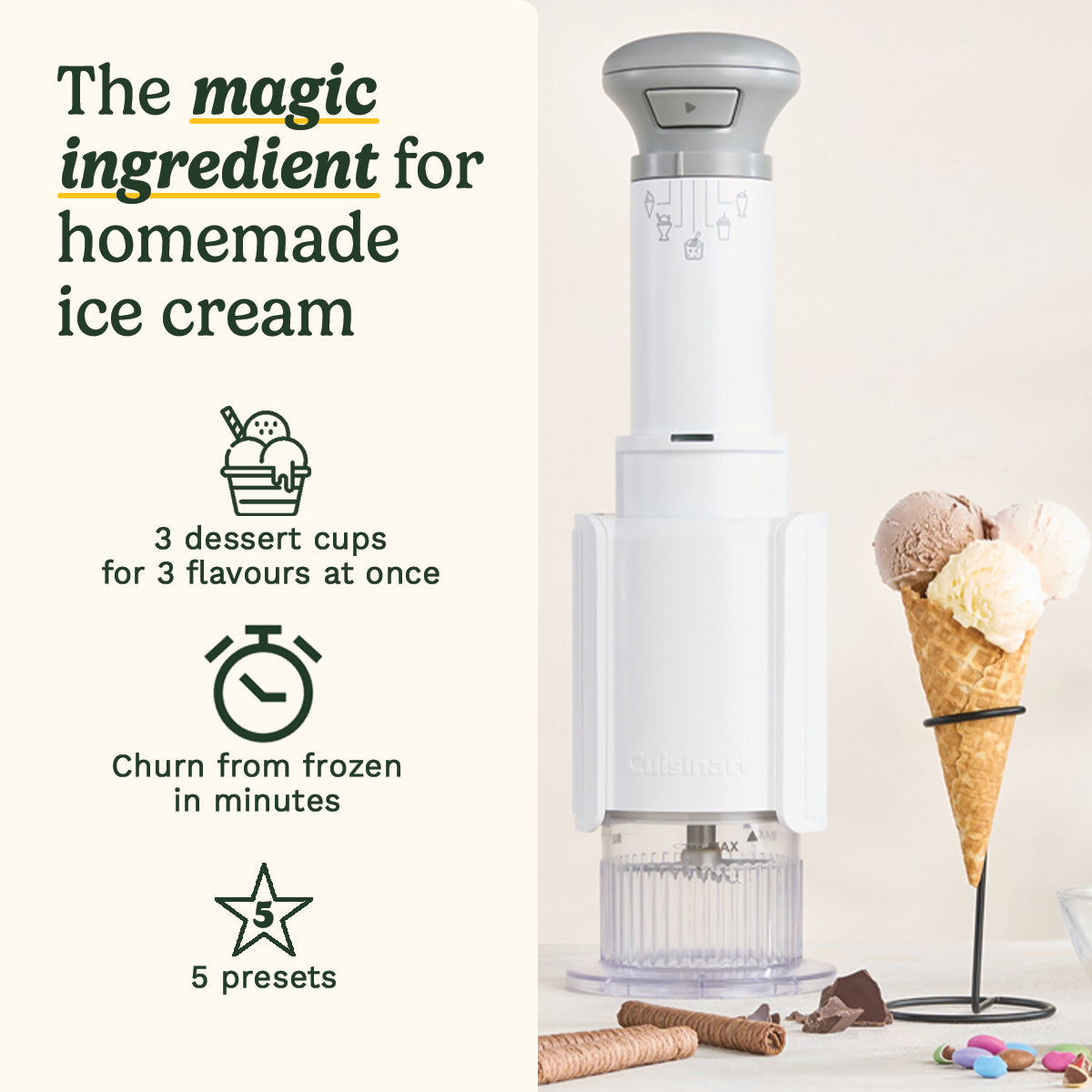 Desserts glacés maison préparés avec le Cuisinart Freeze Wand : glace, sorbet, granité et milkshake en portions individuelles.
