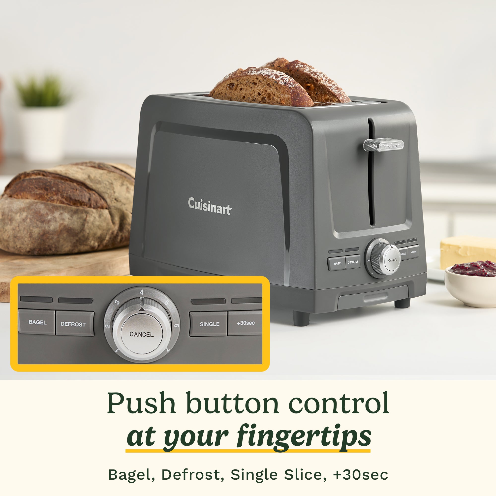 Commandes du grille-pain Cuisinart avec modes Bagel, Décongélation et Tranche Unique